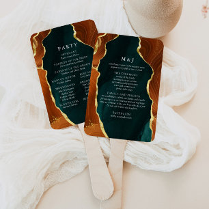 Teal, Burnt Orange Gold Agate Wedding Program Hand Fan