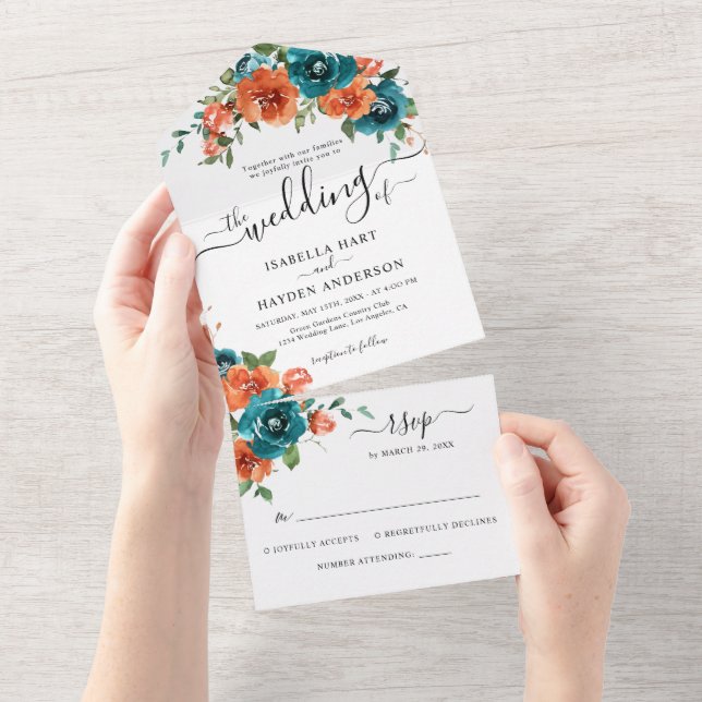  Teal Burnt Orange Rust Floral Rustic Wedding RSVP All In One Invitation (Tearaway)
