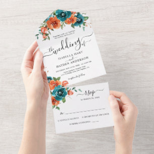 Teal Burnt Orange Rust Flowers Rustic Wedding RSVP All In One Invitation