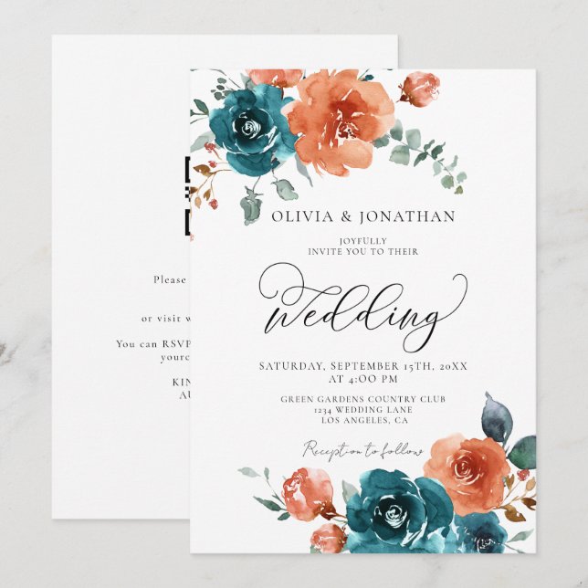 Teal Burnt Orange Rustic Fall Floral Wedding  Invitation (Front/Back)
