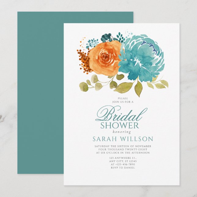 Teal Burnt Orange Terracotta Floral bridal shower Invitation (Front/Back)