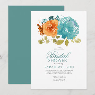 Teal Burnt Orange Terracotta Floral bridal shower Invitation