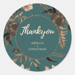 Teal Burnt orange terracotta floral fall wedding  Classic Round Sticker
