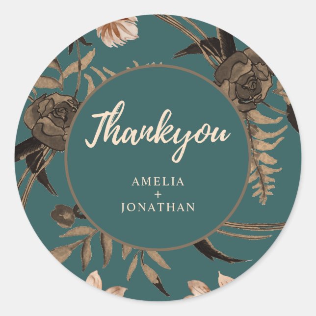 Teal Burnt orange terracotta floral fall wedding  Classic Round Sticker (Front)