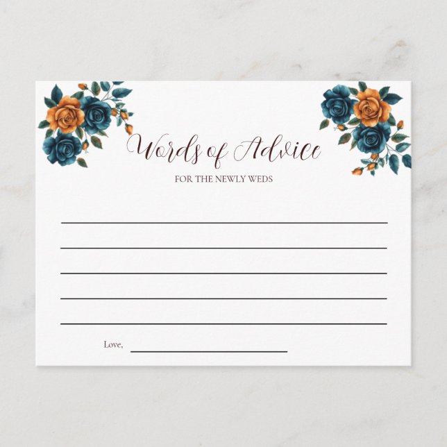 Teal & Burnt Orange Wedding Words of Advice Card (Front)