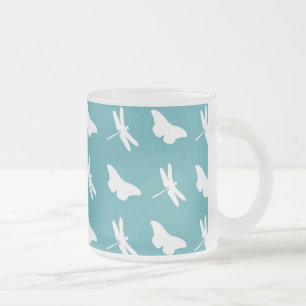 Teal Butterflies and Dragonflies Pattern Frosted Glass Coffee Mug