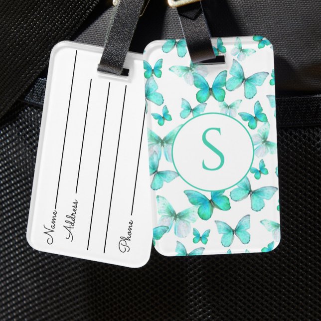 Teal Butterflies Custom Monogram Luggage Tag (Creator Uploaded)