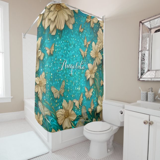 Teal Butterflies Faux Gold Glitter Custom Name Shower Curtain (In Situ)