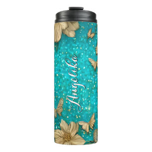 Teal Butterflies Faux Gold Glitter Custom Name Thermal Tumbler