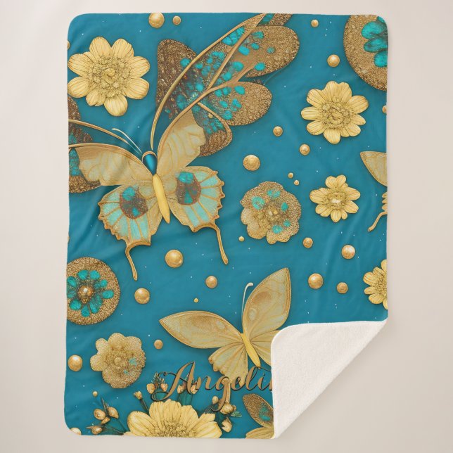 Teal Butterflies, Gold Glitter Personalised Name Sherpa Blanket (Front)
