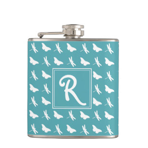 Teal Butterfly and Dragonfly Monogram Hip Flask