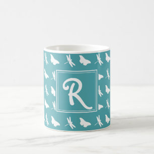 Teal Butterfly and Dragonfly Pattern Monogram Coffee Mug