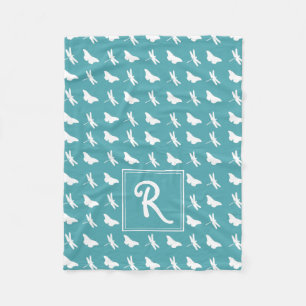 Teal Butterfly and Dragonfly Pattern Monogram Fleece Blanket