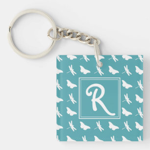 Teal Butterfly and Dragonfly Pattern Monogram Key Ring