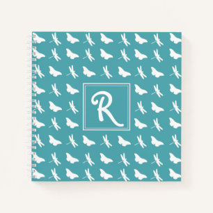 Teal Butterfly and Dragonfly Pattern Monogram Notebook