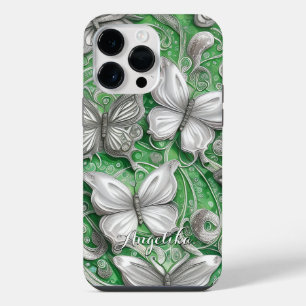 Teal Butterfly and Glitter Personalised Name iPhone 14 Pro Max Case