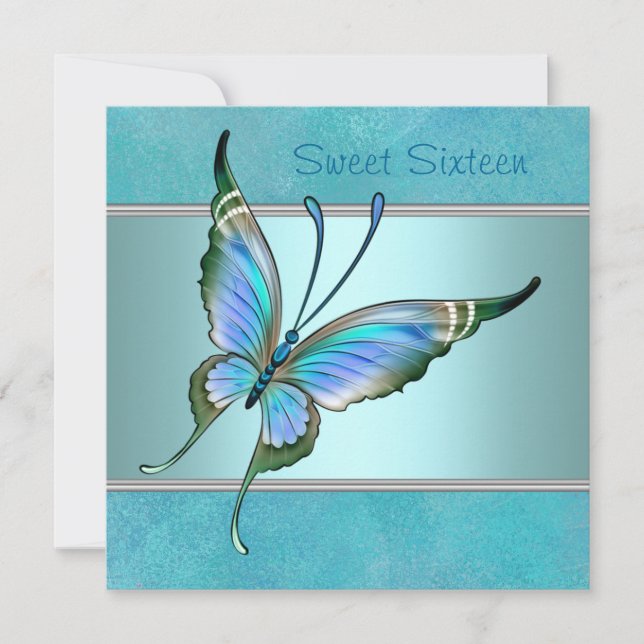 Teal Butterfly Blue Sweet Sixteen Party Invitation (Front)