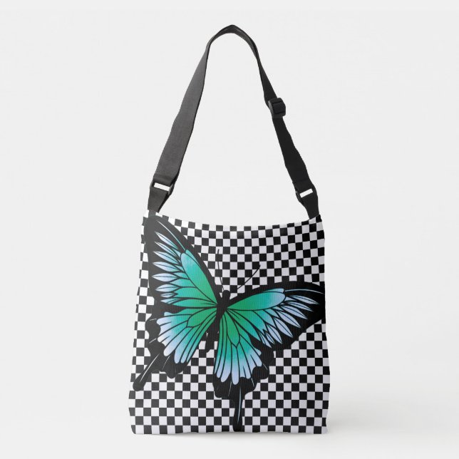 Teal Butterfly Classic Chequered Cross Body Tote B (Front)