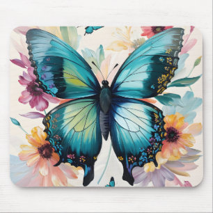 Teal Butterfly Colourful Flowers Art Mouse Mat