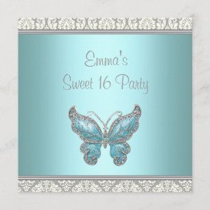 Teal Butterfly Damask Sweet 16 Party Invitation