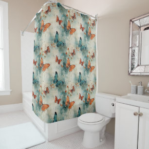 Teal Butterfly English Garden Vintage Floral Shower Curtain