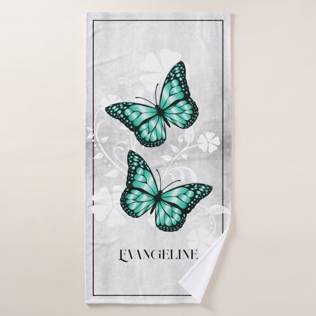 Teal Butterfly Floral Bath Towel Set (Bath Towel)