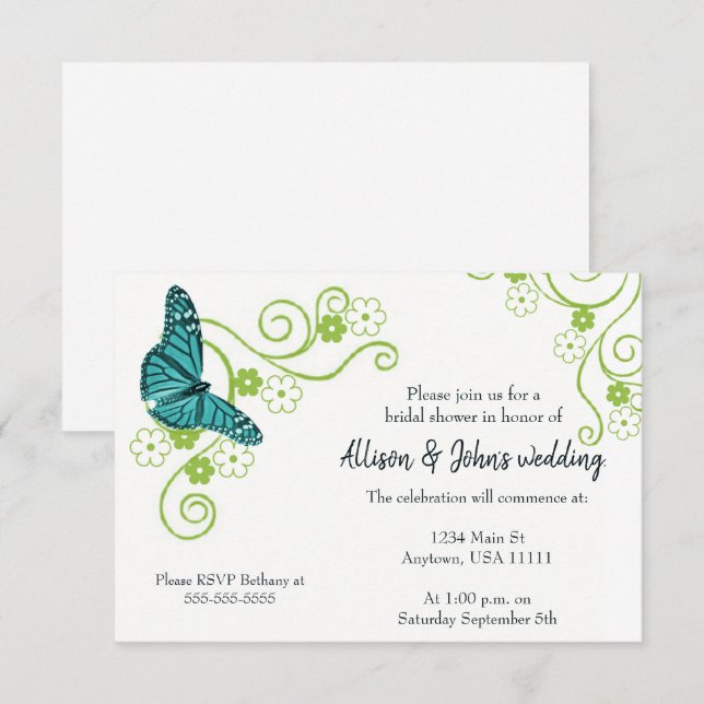 Teal Butterfly Floral Bridal Shower Invite (Front/Back)