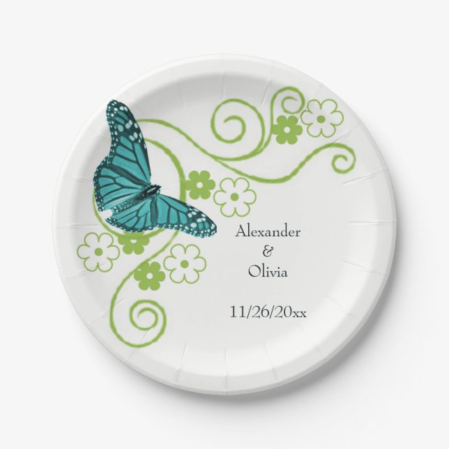Teal Butterfly Floral Bridal Shower Paper Plate (Front)