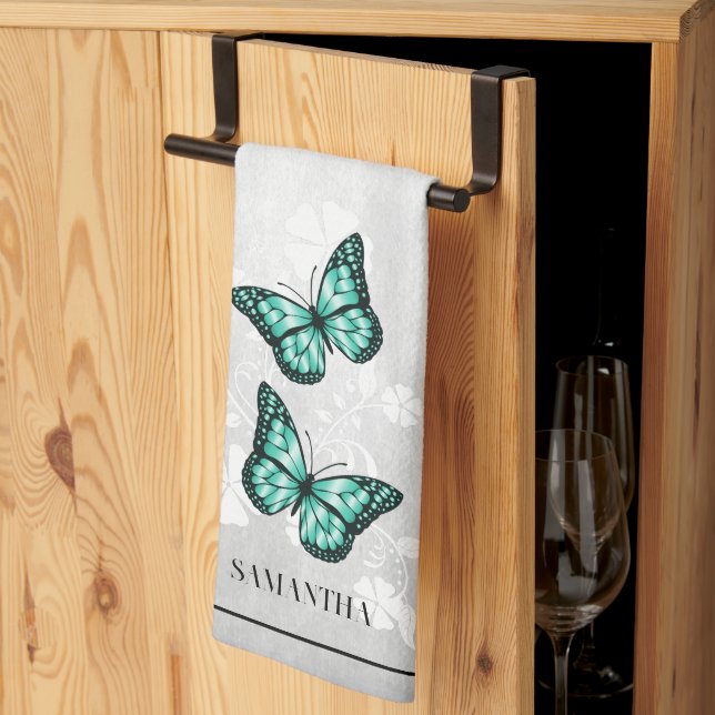 Teal Butterfly Floral Kitchen Towel (Thirds Fold)