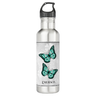 Teal Butterfly Floral Personalised 710 Ml Water Bottle