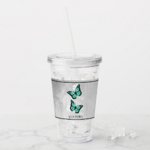Teal Butterfly Floral Personalised Acrylic Tumbler