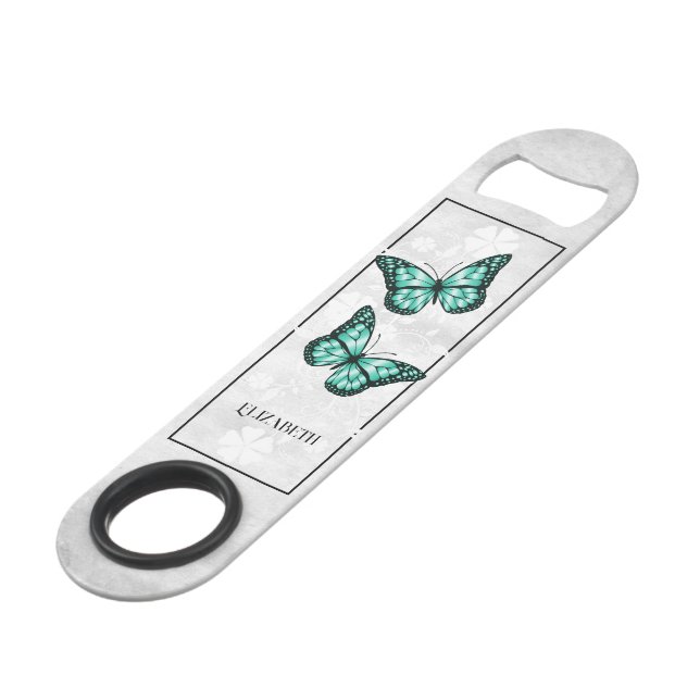 Teal Butterfly Floral Personalised Bar Key (Front Angled)