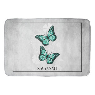Teal Butterfly Floral Personalised Bath Mat