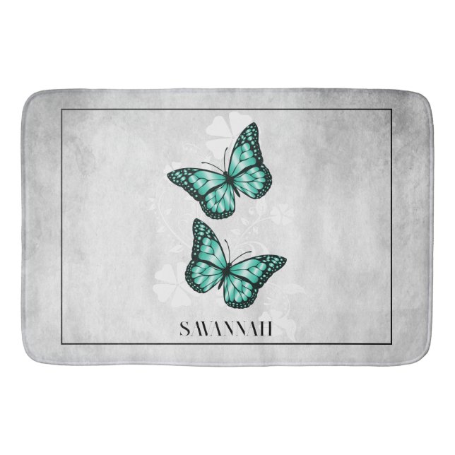Teal Butterfly Floral Personalised Bath Mat (Front)
