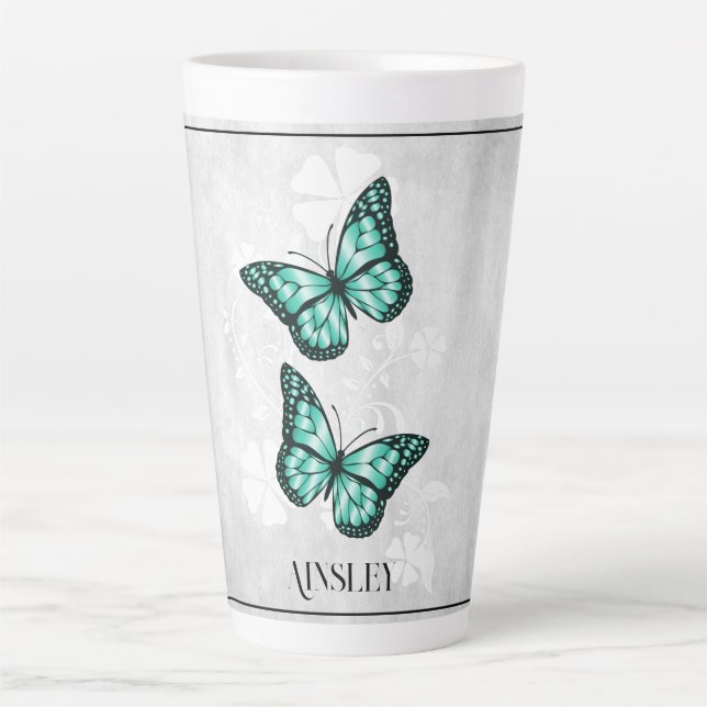 Teal Butterfly Floral Personalised Latte Mug (Front)