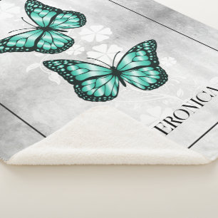 Teal Butterfly Floral Personalised Sherpa Blanket