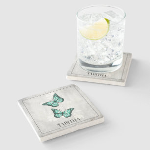 Teal Butterfly Floral Personalised Stone Coaster