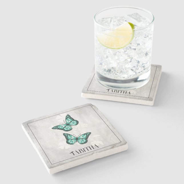 Teal Butterfly Floral Personalised Stone Coaster (Side)