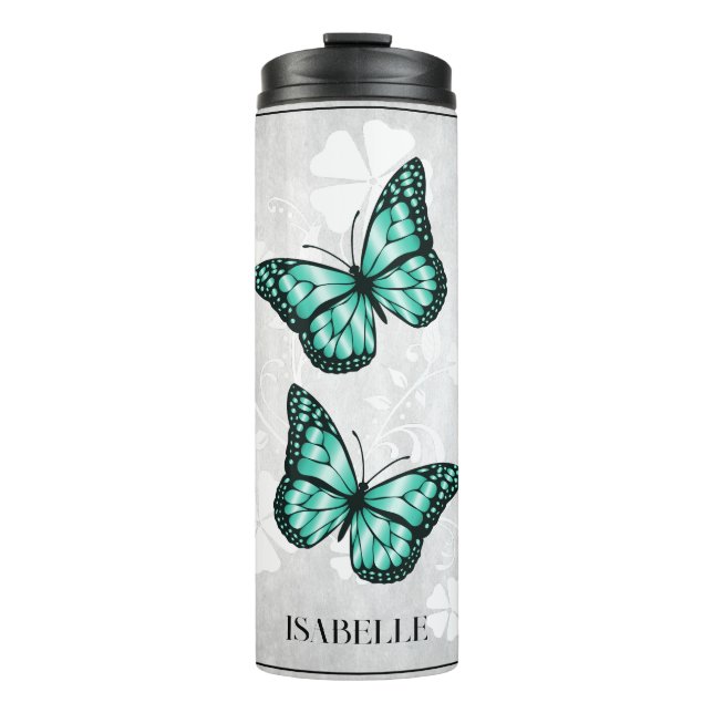 Teal Butterfly Floral Personalised Thermal Tumbler (Front)