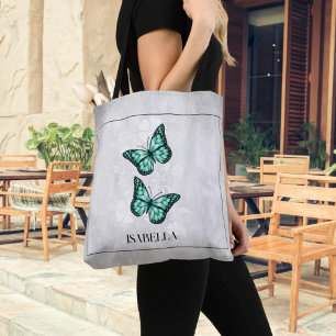 Teal Butterfly Floral Personalised Tote Bag