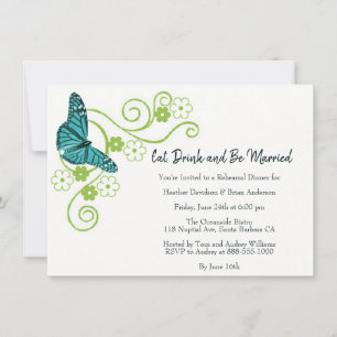 Teal Butterfly Floral Rehearsal Dinner Invite