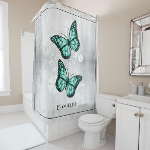 Teal Butterfly Floral Shower Curtain