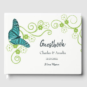 Teal Butterfly Floral Wedding Day Guestbook
