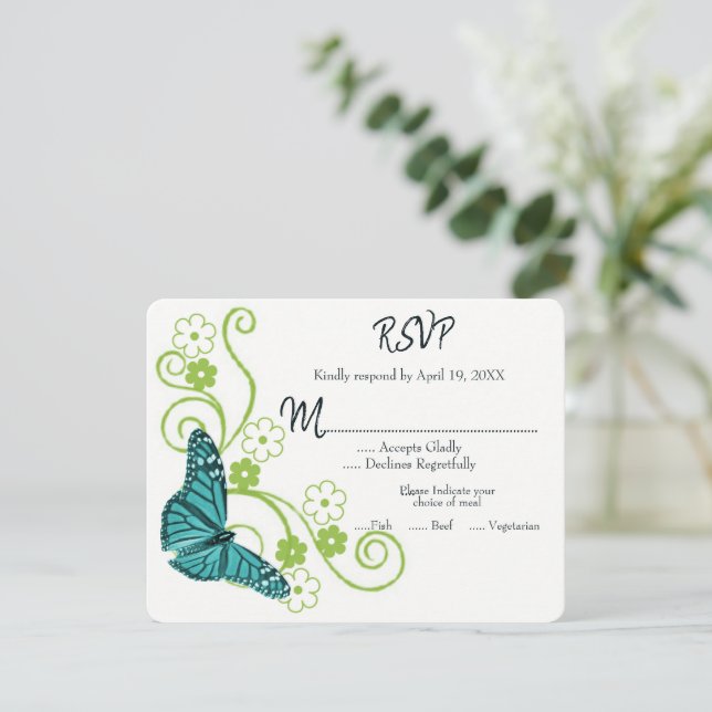 Teal Butterfly Floral Wedding RSVP Card (Standing Front)