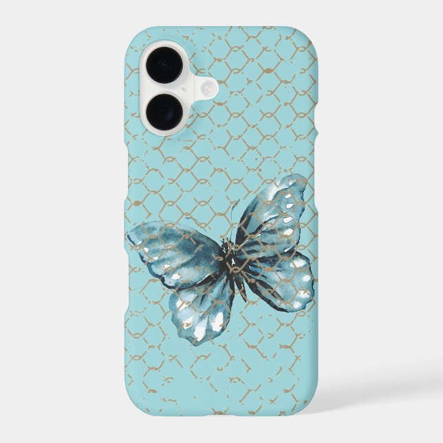 Teal Butterfly in Chain Link Fence Design iPhone Case (Back)