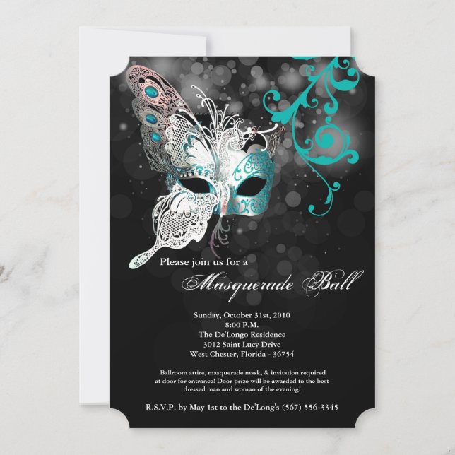 Teal Butterfly Masquerade Mask Costume Halloween Invitation (Front)