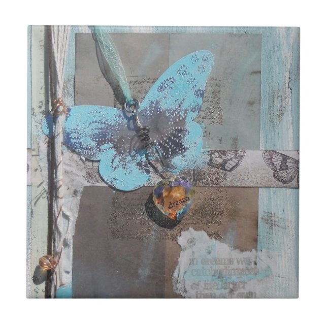 Teal Butterfly Mixed Media Art Tile (Front)