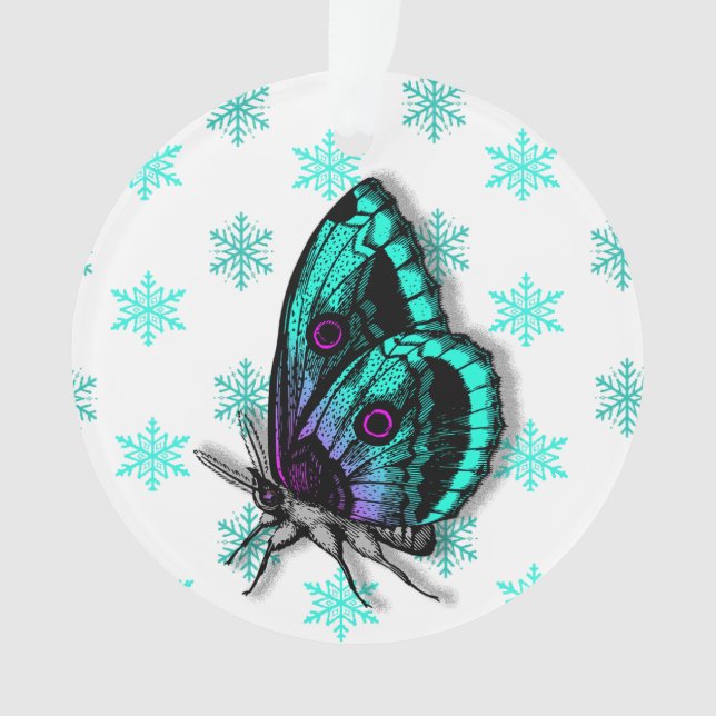 Teal Butterfly Personal Message Christmas Keepsake Ornament (Front)