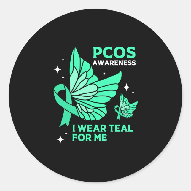 Teal Butterfly Ribbon Pcos I Wear Teal For Me Classic Round Sticker (Front)