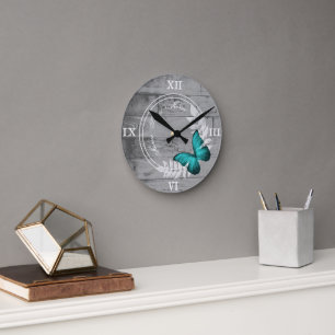 Teal Butterfly Rustic Acrylic Wall Clock